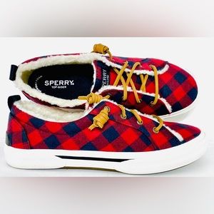 Sperry Red Black Plaid Fleece Pier Wave LTT Sneaker Women’s